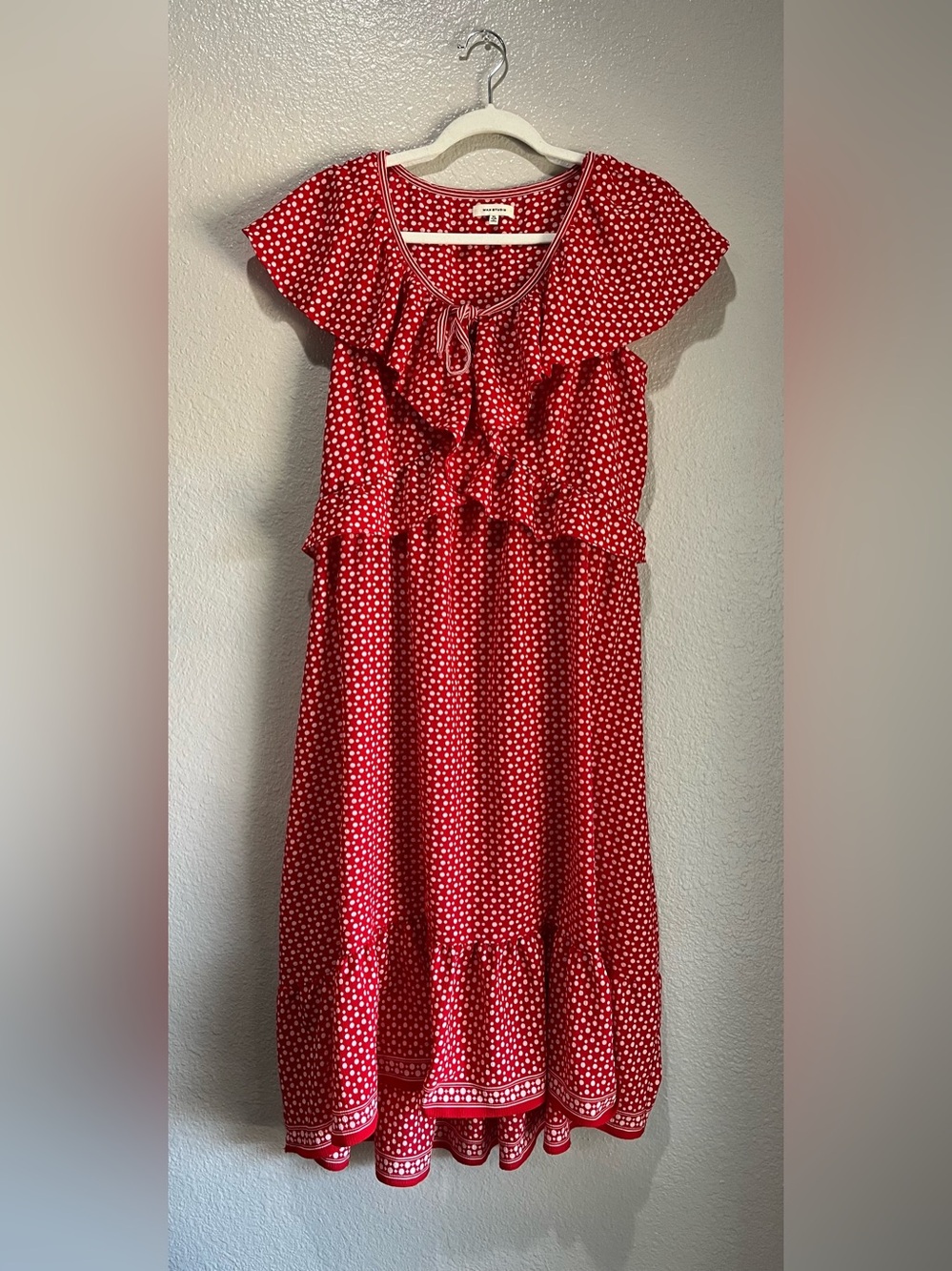 Max Studio Red Polka Dot Ruffle Tiered Dress Sz XL Flowy Boho Cottage Core